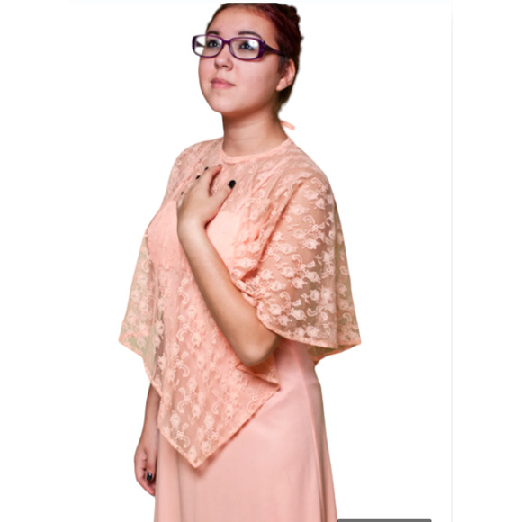 Vintage 60s PEACH Dress With Floral LACE Cape - Two Piece Set - Picture 1 of 5